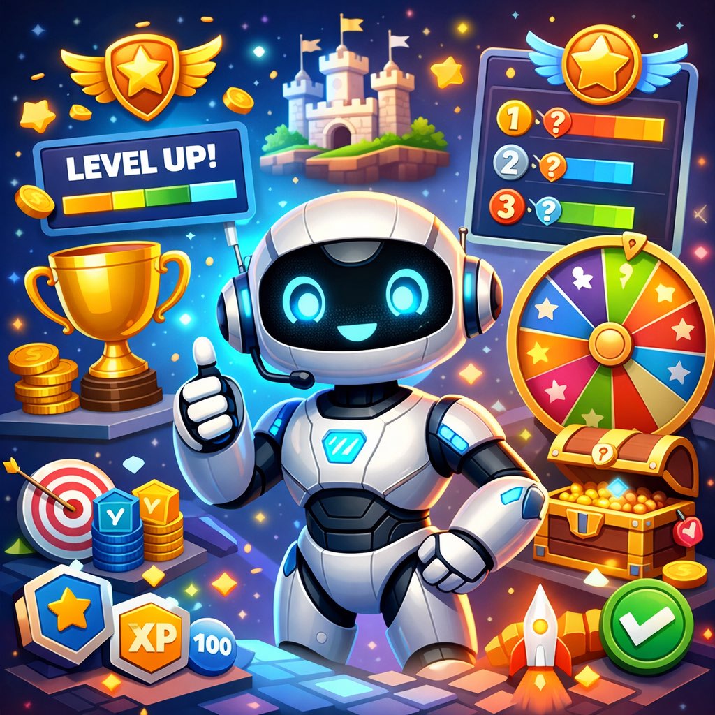 AI robot in a gamification environment with trophy, leaderboard, rewards, and level-up visuals